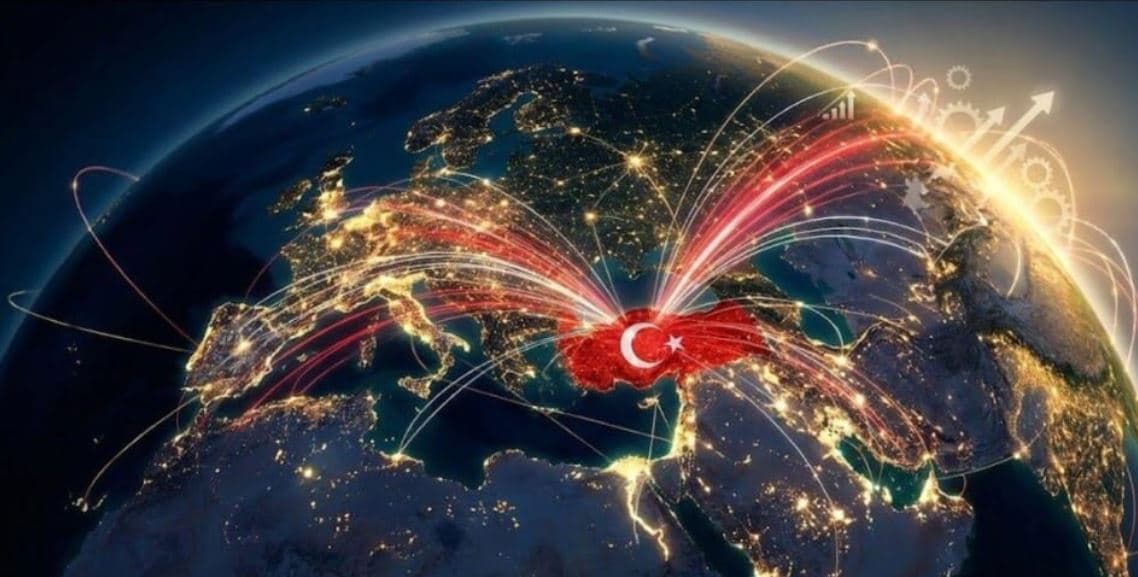 Türkiye’nin vurgulandığı ve bağlantı çizgilerinin Türkiye’den yayıldığı küre görseli