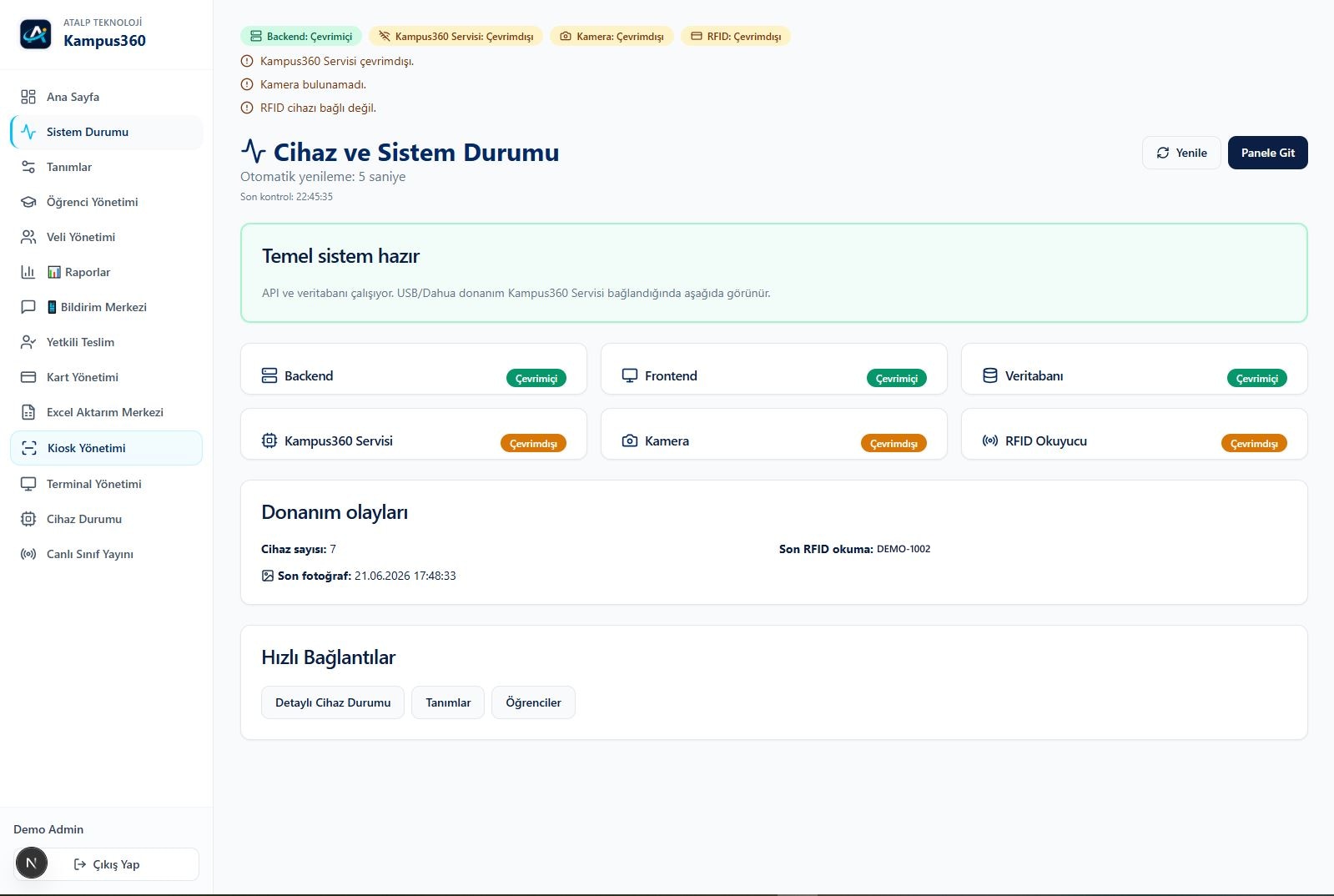 ATALP360 device and system status screen